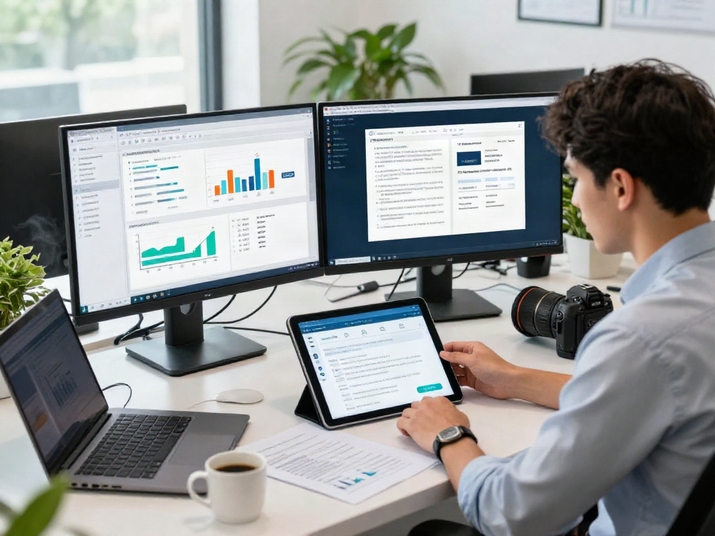 Professional analyzing document fraud detection solution on dual monitors in a modern office.