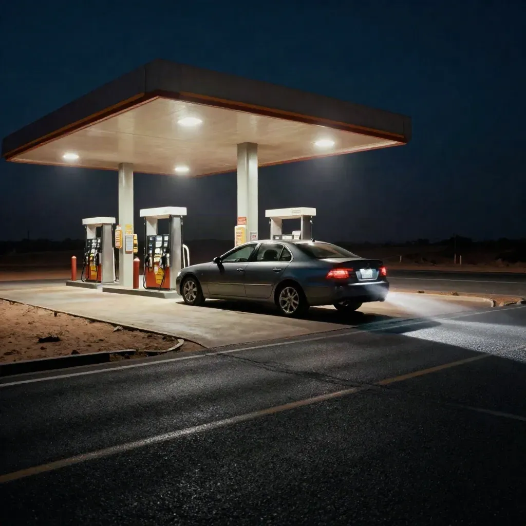 Sedan leaving a lit desert fuel stop at night on reflective asphalt