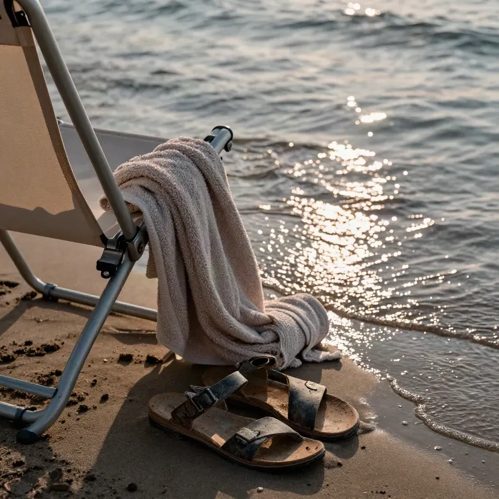 Folded beach chair, tote, towel, and sandals at the tide line as sunset water slips back.